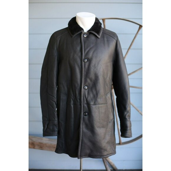 $2K Gallotti Leather Shearling-Lined Jacket Coat Black SZ 48/38 S/M